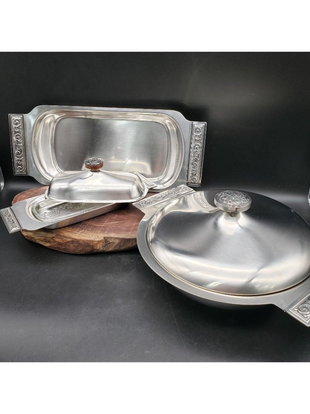 VTG International Silver Di Lido Stainless Hollowware Set Butter Tray Veg Bowl